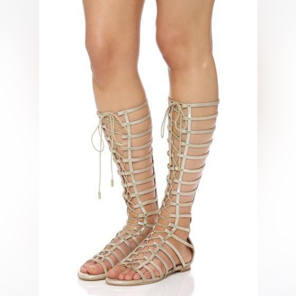 Joie Falicia Gladiator Sandals Tall Zip Leather Adjustable Suede Metallic Gold